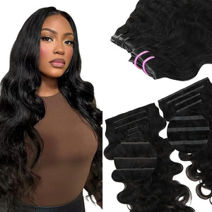 Lashey 5pcs Invisi Edge &amp 4pcs Seamless Clip in Hair Extensions Human Hair 18 Inch 130g Real Human Hair Extensions Natural Black Body Wave Hair