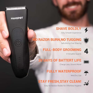 MANSPOT Manscape Groin &amp; Body Hair Trimmer for Men, Electric Ball Pubic Trimmer Shaver,Manscape Kit with 4 Guard,Replaceable Ceramic Blade Heads,Waterproof Wet/Dry Shaver,90 Minutes Shaving