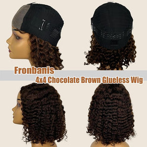 Chocolate Brown Glueless Wigs Human Hair Pre Plucked Pre Cut 180% Density Closure Wigs Human Hair Bob Wig Curly Human Hair Wig Wear and Go Glueless Wig for Women 12 Inches
