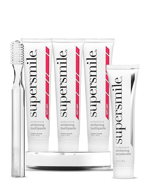 Supersmile Peppy Mint Teeth Whitening Toothpaste Set, Complete 5-Piece Travel Set with 3 Toothpastes, 1 Accelerator &amp; 1 Toothbrush, Whitening Toothpaste Kit, Whitens up to 6 shades.