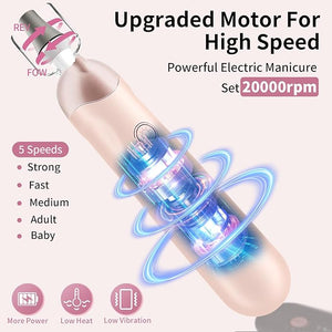 Professional Manicure Pedicure Kit Cordless Electric Nail File Set Rechargeable Pedicure Tools for feet 5 Speeds Hand Foot Care Nail Drill for Thick Nail Toenail Cuticle Women Men Baby Pets-Rose