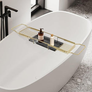 Bathtub Tray for Tub, Metal Expandable Extra Wide Bath Caddy Tray for Bathtub with Natural Marble Groove for Bath Spa (Gold Frame Black Marble Base)
