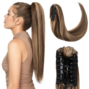 Hairro Claw Clip In Ponytails 100% Real Human Hair Ponytail Hair Extensions Jaw On Ponytail Extensions Jaw/Claw Clips Pony Tail Hairpieces For Women 16 Inch 105g #4P27 Medium Brown Mix Dark Blonde