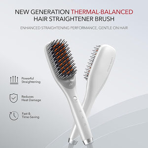 Thermal-Balance Hair Straightener Brush 365¡ÆF Professional Styling Temp with Heat Damage Protection 200M+ Negative Ions Anti-Frizz Ceramic Coating Dual-Voltage White