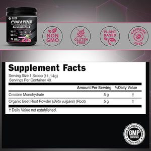 Elite Wellness Berry Flavor Creatine Monohydrate with Organic Beetroot Supplement - Supports Muscle Strength Stamina Cognitive Function &amp Athletic Performance Gluten &amp Dairy Free NSF Quali