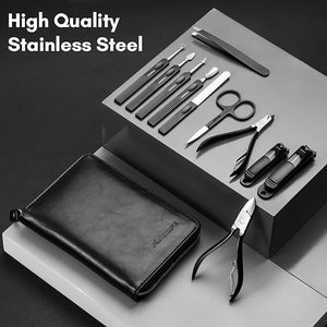 FAMILIFE Professional Manicure Set Manicure Kit Nail Clippers Set 11 in 1 Stainless Steel Black Pedicure Tool Nail Kit with Portable Leather Travel Case Luxury Gifts