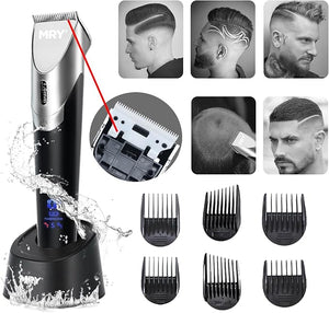 MRY Ceramic Cutter Cordless Men's Barber Women's Professional Waterproof LCD Hair Clippers USB Rechargeable (Black with Silver Color)