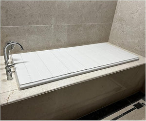 DAZULI Folding Bathtub Cover Shutter Style Bath Lids PVC Bathtub Covers White Wood Grain Bathtub Tray Keep Dust/Junk Out Keeping The Bath Water Warm(Size:75x115x0.6cm,Color:White)