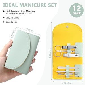 12 Set Manicure Set Bulk Mini Manicure Nail Clipper Kit 7 in 1 Stainless Steel Professional Nail Care Pedicure with Travel Portable Bag Grooming Kits for Christmas Women Men Home(Light Green)
