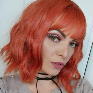 FAELBATY Short orange Wigs With Air Bangs Colorful wig Shoulder Length Women's Short Wig Curly Wavy Synthetic Cosplay Wig Orange Bob Wig for Girl Costume Wigs Orange Color 12