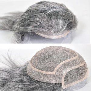 Men's Toupee 10"¡¿8" European Virgin Human Hair Toupee Hair pieces for Men Thin Skin Hair Replacement System Lace Front+ Mono Net with PU around Base for Men (#1b mix 60% grey synthetic hair)