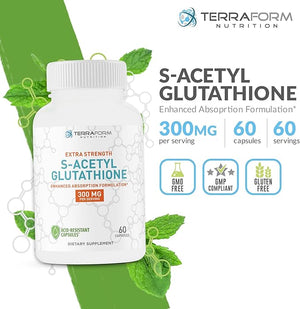 TerraForm Nutrition Extra Strength S-Acetyl Glutathione 300mg ? 60 Acid-Resistant Capsules - Premium Glutathione Supplement - Highly Bioavailable &amp Stable Form SAG Supplement ? Made in USA