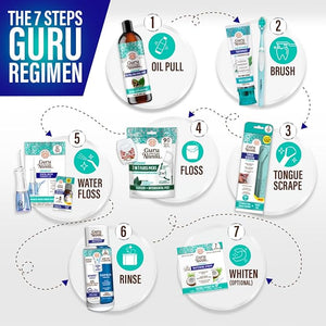 GuruNanda 7-Step Regimen 1.0 - Oil Pulling Toothbrush Tongue Scraper Floss Water Flosser Mouthwash Whitening Strips for Complete Oral Care (Pack of 8)