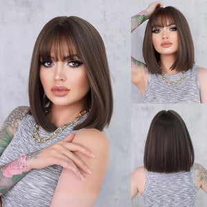 Lightweight Breathable Short Straight Bob Wigs Human Hair Natural Full Head Look with Bangs Glueless Heat Resistant for Effortless Daily Wear (14 InchCold Brown)