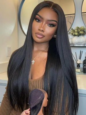 Julia Hair No Slip Yaki Straight 7x5 Lace Closure Glueless Drawstring Wig Flexible Mesh Cap Bye-Bye Slip Pre Cut HD Lace Front Pre Everything Bleached Knots Wear and Go WigZero Slip Hold 16 Inch