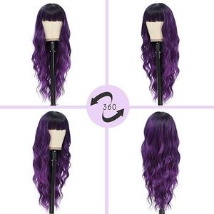 NAYOO Purple Wigs with Bangs - Long Curly Wavy Hair Wigs Heat Resistant Synthetic Fiber 26 Inches (Ombre Purple)