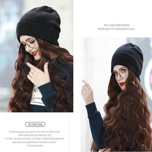 Women Winter Beanie Hat Wig Knit with Long Straight/Wig Wavy Curly Hair Wig Attached 23.6 Inch Synthetic Hairpiece