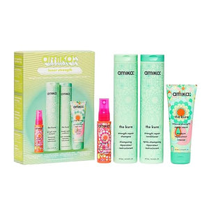 amika inner strength repair routine set | gift set for dry damaged hair from bleach color chemical or heat use