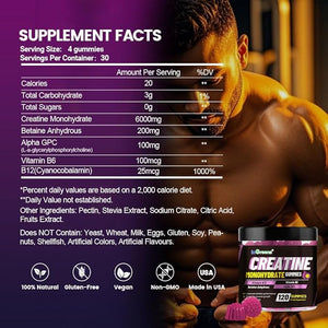 Creatine Monohydrate Gummies 6g for Men &amp Women Potent Creatine Supplement Chewables Creatine for Energy Boost Increase Strength and Build Muscle Gluten-Free Sugar Free120 Count