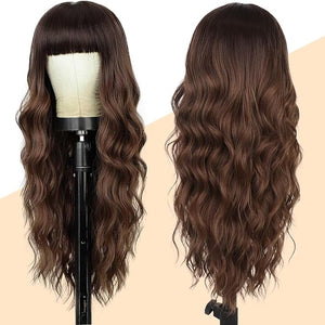 Lativ Brown Wig with Bangs Long Wavy Wig with Dark Roots for Women Ombre Brown Curly Wavy Wig Synthetic Fiber Natural Looking Hair Replacement Wig for Daily Party Use 26 Inches