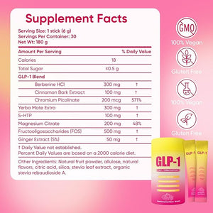 GLP-1 Drink Mix with Berberine Chromium 5-HTP Yerba Mate &amp Magnesium - Dual-Action Craving &amp Gut Health | Strawberry Acai FlavorVegan Sugar-Free Non-GMO 30 Packs