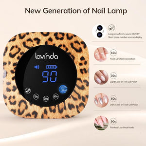 Lavinda LED Nail Lamp UV Light for Gel Nails 54W Cordless Rechargeable UV Lamp Nail Light with 4 Timer 2X Faster Professional Gel Polish Curing Nail Dryer for Salon Use-Leopard Print
