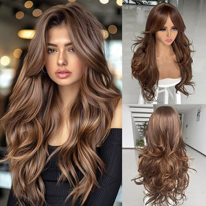 Long Ombre Honey Blonde Highlight Layered Wavy Wig With Bangs for Women Dark Brown Mixd Dirty Blonde Highlight Wig With Curtain Bangs for White Black Women Shaggy Hair for Daily Party Use 24inch