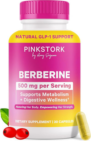 Pink Stork Berberine 500mg - Nature's GLP-1 Supplement - Daily AMPK Metabolic Activator - 500-1000 mg Metabolism + Gut Health for Women | Third-Party Tested | Vegan | Non-GMO| 30 Capsules