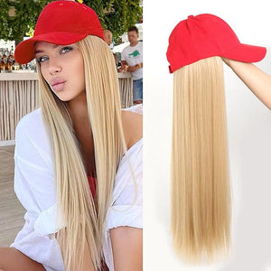 Baseball Cap with Attached Long Straight Blonde Hair Extension Wig 22 Inches Red Baseball Cap Adjustable Hat with Hair for Women