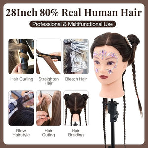 28" Mannequin Head Human Hair, Mannequin Head with 80% Real Hair,Cosmetology mannequin Doll head for hair Styling,Training Practice Braiding Manikin head with Table Clamp,Hair Styling Set #4