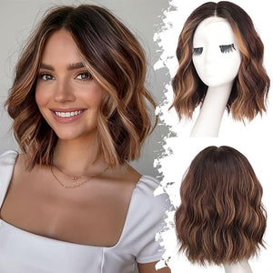 Brown Highlight Short Wavy Wig for Women Lace Hairline Bob Style Synthetic Heat Resistant - Natural Appearance for Everyday Hairstyle 12 Inch