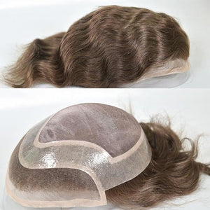 Men's Toupee 10¡¿8 European Virgin Human Hair Toupee Hair pieces for Men Thin Skin Hair Replacement System Lace Front+ Mono Net with PU around Base for Men (#4 color)