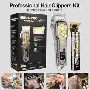 HIENA PRO Hair Clippers for Men T-Blade Trimmer Set Men Professional Cordless Rechargeable Barber Hair Clippers Set with LED Display (Black-LCD)