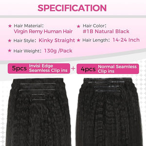 Lashey Invisi Edge &amp Seamless Clip in Hair Extensions Human Hair 14 Inch 130g 9pcs(5pcs Invisi Edge&amp 4pcs Seamless) Real Virgin Human Hair Extensions Natural Black Kinky Straight Hair
