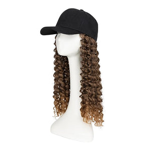 TESS Black Baseball Cap with 20'' Long Coily Synthetic Hair Extensions for Women and Girls - Adjustable &amp Breathable Wig Cap for Daily Use Outdoor Activities