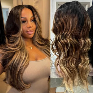 HC 4/27/30 Highlight 26 Inch Loose Bounce Wave 13x6 HD Lace Front Wigs Human Hair Body Wave 200 Density Pre-Plucked Baby Hair Glueless Human Hair Wig for Black Women