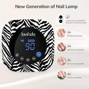 Lavinda UV Light for Gel Nails 54W UV Nail Lamp Cordless Rechargeable Nail Light with 4 Timer 2X Faster Nail Polish Curing Lamp Nail Dryer for Salon Use-Zebra Pattern