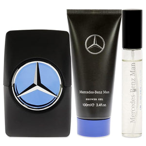 Mercedes Benz Man Gift Set Perfumes for Men - Contains 0.5 oz and 3.4 oz of EDP Spray and 3.4 oz of Shower Gel - Aromatic Woody Fruity Scents - Opens with Notes of Ambrette Seeds and Pear - 3 pc