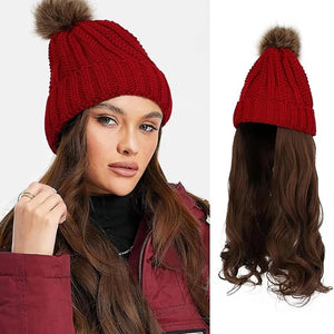 Women's Winter Beanie Hat with Wig Big Wavy Curly Hair Knit Attached Ski Snow Cap