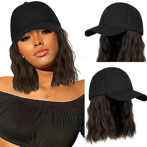 Women's Short Wave Baseball Cap Wig with Curly Hair Extensions Synthetic Wave Wig Adjustable Brown Baseball Hat