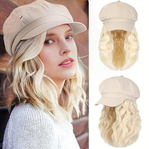 YEKEYI Beret Hat with Hair Newsboy Cap with Bob Hair Extensions Hat Wig Visor Beret Short Curly Wavy Hairpiece for Women