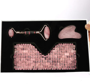 ideayard Rose Quartz Eye Mask &amp Face Roller and Gua Sha 3-in-1 Real Natural AAA Rose Quartz for Skin Care SPA Facial