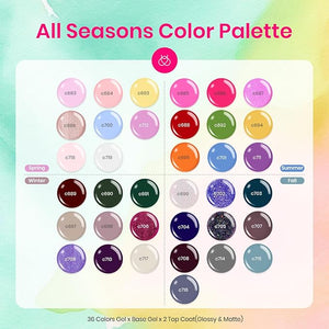 Beetles Winter Gel Nail Polish, 36 Colors Palette Green Brown Pink Yellow Blue Nude Glitter Color Gel Polish with Base Top Coat Soak Off UV LED All Seasons Gift for Women Girls