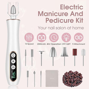 Professional Manicure Pedicure Kit, Cordless Electric Nail Drill with 360¡Æ LED light&amp;10 Speeds, Rechargeable Pedicure Tools for feet, Hand Foot Care Nail Drill for Thick Nail Toenail Cuticle Women