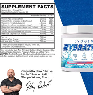 Evogen Hydration - Electrolytes Powder | Sugar-Free Electrolyte Powder Supplement for Hydration, Energy, and Recovery | Coconut Water, B Vitamins, Potassium | Watermelon | 30 Servings