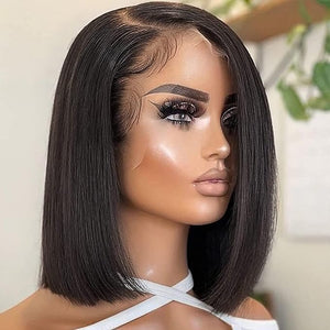 Bob Wig Human Hair 13X4 Lace Front Wigs Human hair Short Straight Frontal Bob Wig HD Transparent Lace Frontal wigs Pre Plucked for Women Glueless Wigs With Baby Hair Natural black 8 Inch