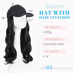 Hairro Baseball Hat with Hair Attached for Women Synthetic Adjustable Cap Wig 290g #1 Dark Black