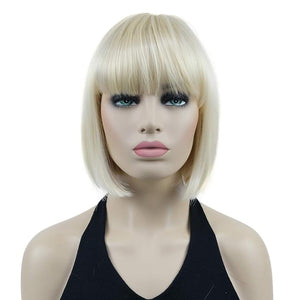 Lydell 8" Straight Short Bob Hair Flat Bangs Cute Central Dot Skin Top Heat Resistant Synthetic Wigs (613 Blonde)