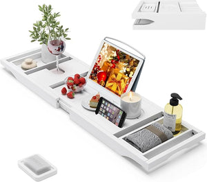 Foldable Bamboo Bathtub Caddy Tray Expandable for Luxury Bath Bath Accessories &amp Table with Wine Glass Holder Book Stand Bathroom Organizer with Extending Sides for Men/WomenWhite