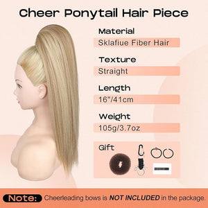 SEIKEA Cheer Ponytail Hair Piece 16 Straight Cheerleader Hairpiece Ponytail Extension for Cheerleader Competition Dance Ash Blonde with Blonde Highlights